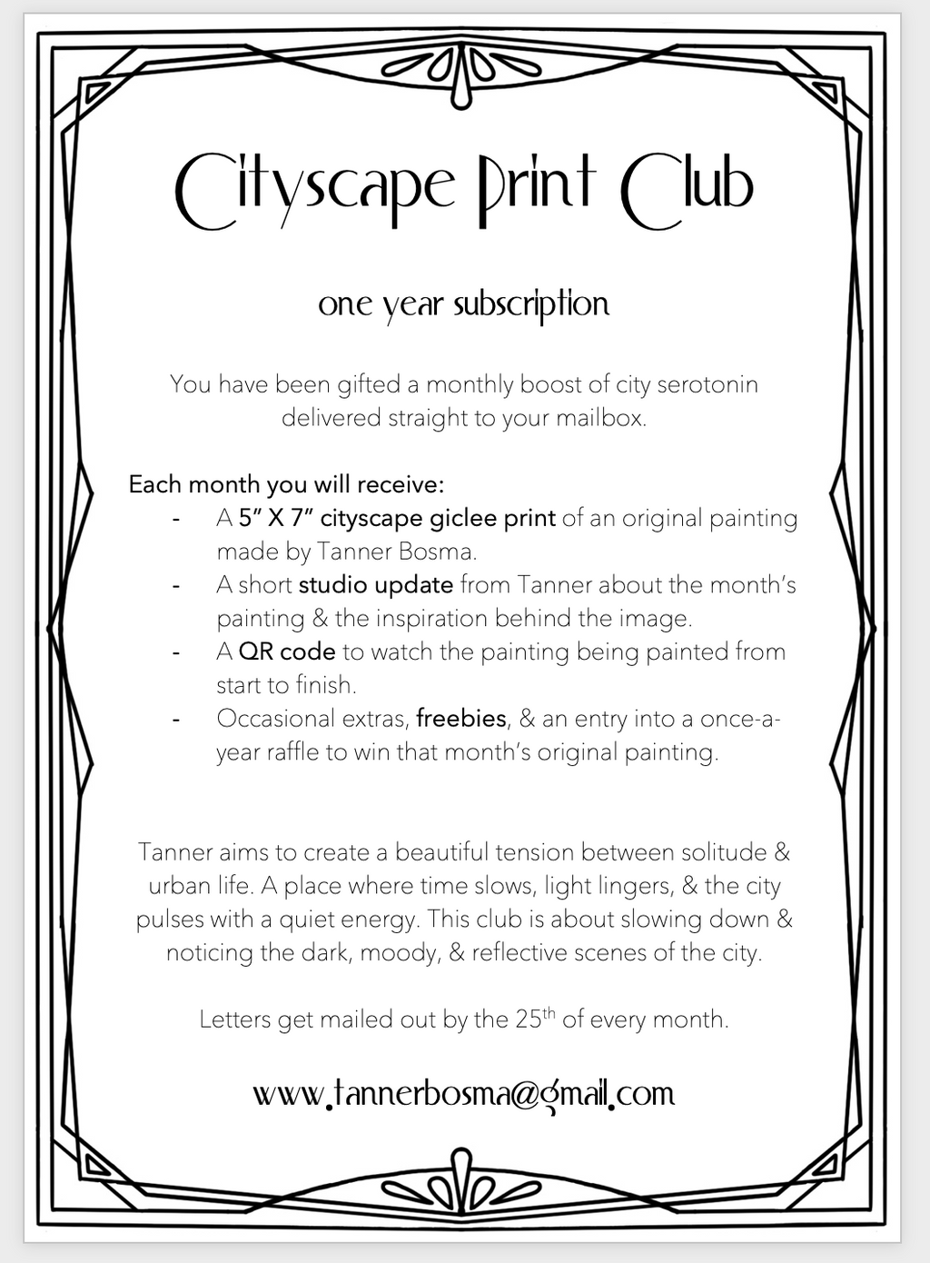 Certificate to Cityscape Print Club (Year Subscription)